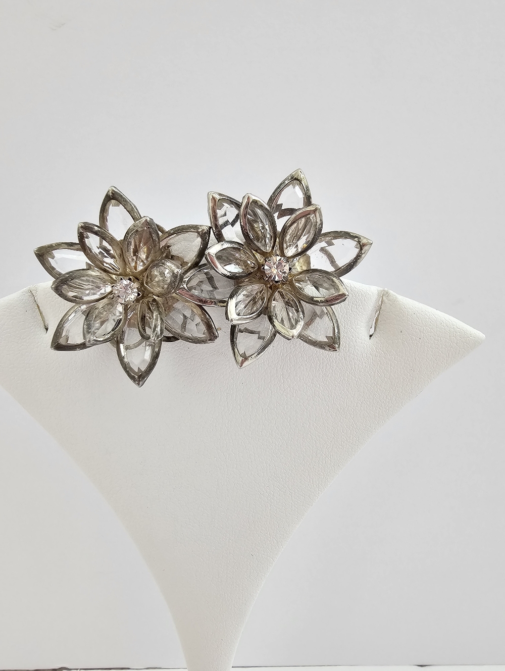 Vintage Clear Crystal Starburst Flower Earrings - 3D Layered Lotus Studs  Bright